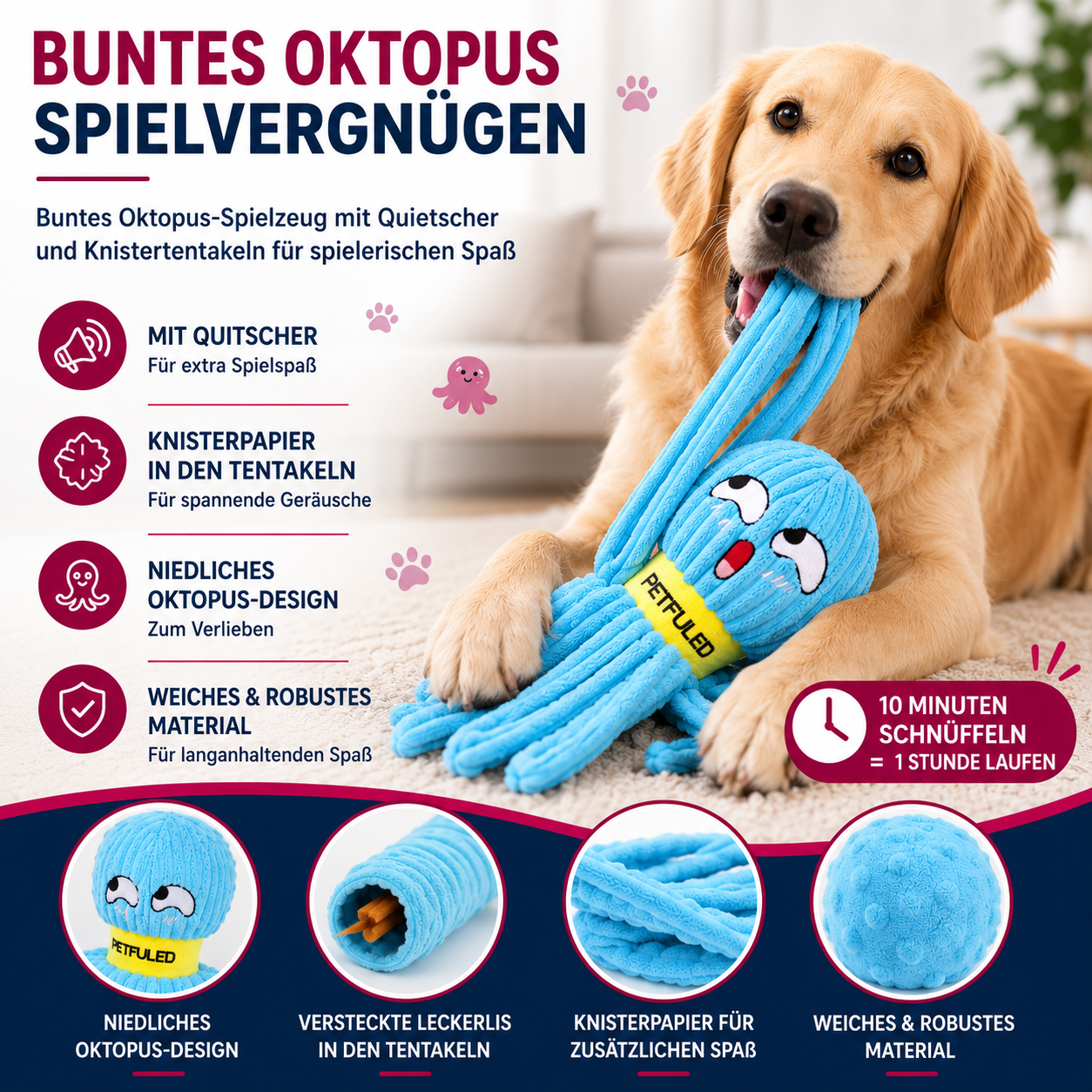 Oktopus-Schnüffelspielzeug für Hunde – interaktives Plüsch-Puzzle