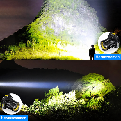Zoomfunktion der LED-Stirnlampe mit breitem und gebündeltem Lichtkegel bei Nach