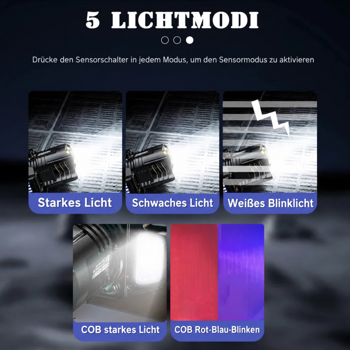 Fünf Lichtmodi der LED-Stirnlampe inklusive Starklicht, Blinklicht und COB-Beleuchtung