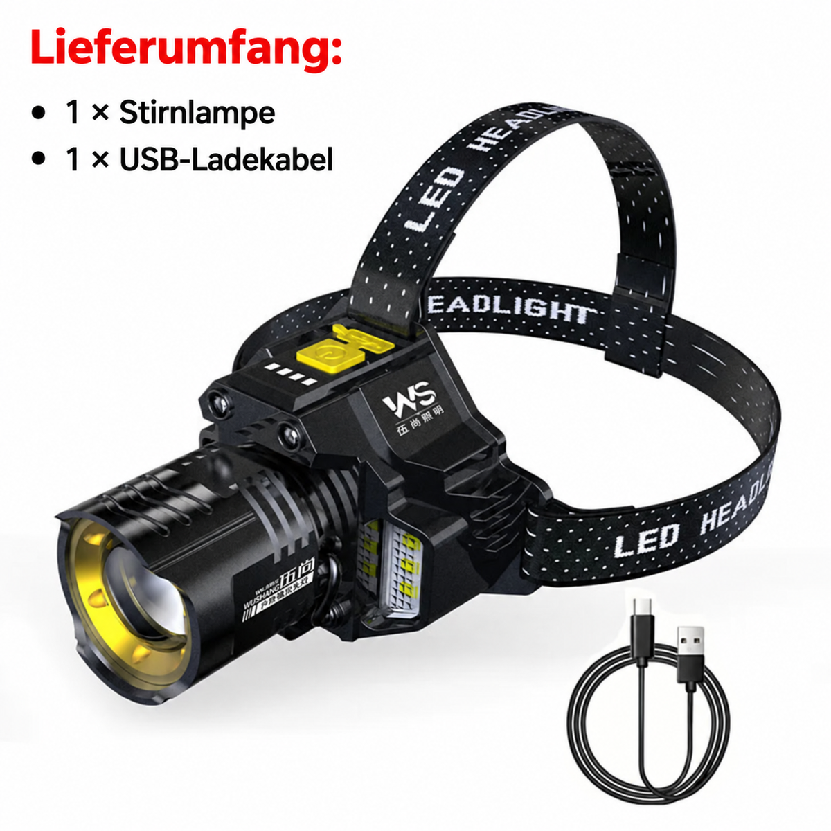 Lieferumfang der LED-Stirnlampe mit verstellbarem Kopfband und USB-Ladekabel