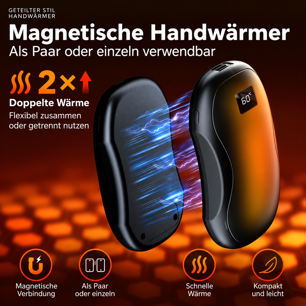 Magnetische 2-in-1 Handwärmer, als Paar oder einzeln nutzbar, mit digitaler Temperaturanzeige.
