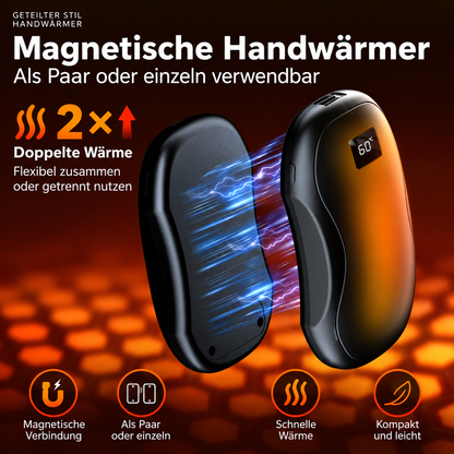 Magnetische 2-in-1 Handwärmer, als Paar oder einzeln nutzbar, mit digitaler Temperaturanzeige.