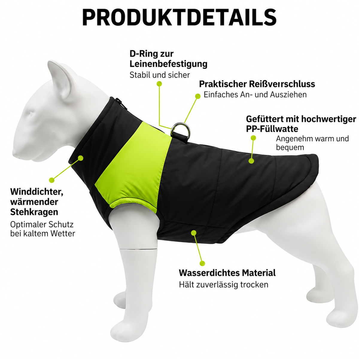 Wasserdichte, gefütterte Winterjacke für Hunde in Schwarz und Neongrün mit hohem Kragen, Reißverschluss und D-Ring zur Leinenbefestigung.