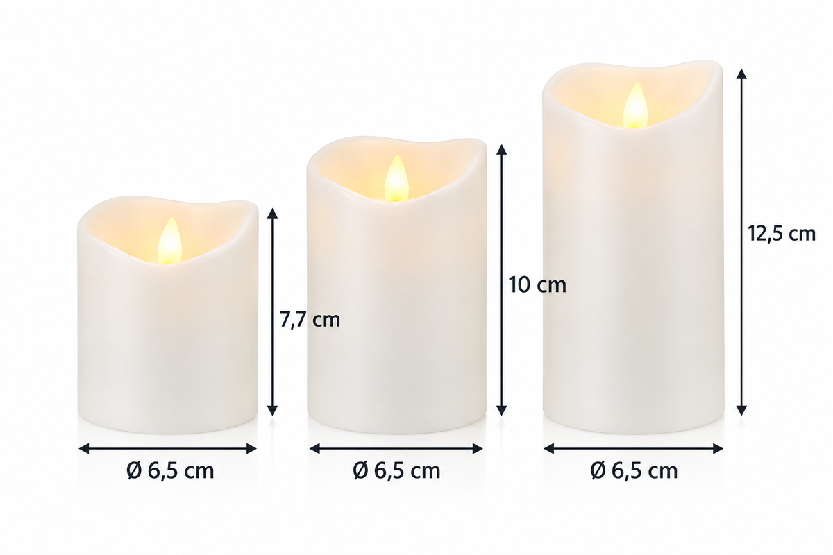 Maße des 3er LED-Kerzen-Sets mit 6,5 cm Durchmesser und drei verschiedenen Höhen