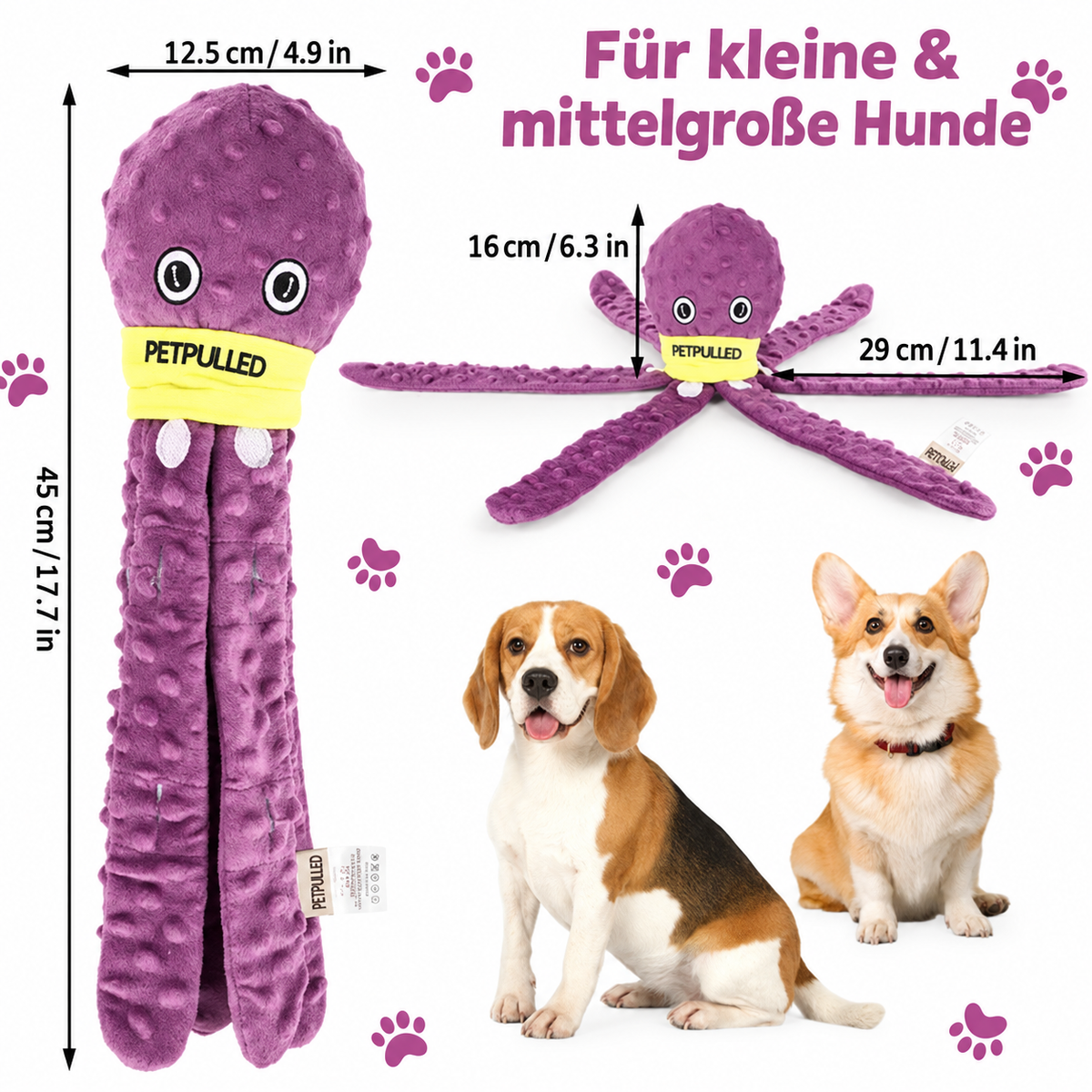 Maßgrafik des lila Schnüffel-Oktopus mit Größenangaben und Beispielhunden für kleine und mittelgroße Hunde.