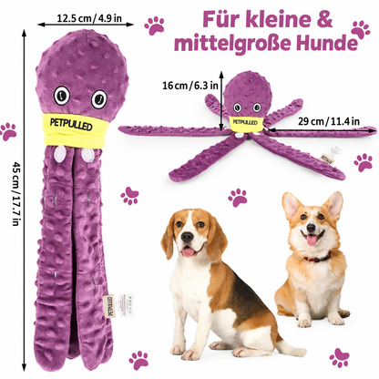 Maßgrafik des lila Schnüffel-Oktopus mit Größenangaben und Beispielhunden für kleine und mittelgroße Hunde.