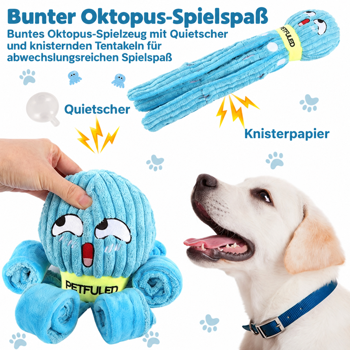 Blaues Oktopus-Hundespielzeug mit Quietscher und knisternden Tentakeln für abwechslungsreichen Spielspaß.