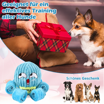 Lila Schnüffel-Oktopus für Hunde in verschiedenen Ansichten mit versteckten Leckerlis und einem neugierigen Hund.
