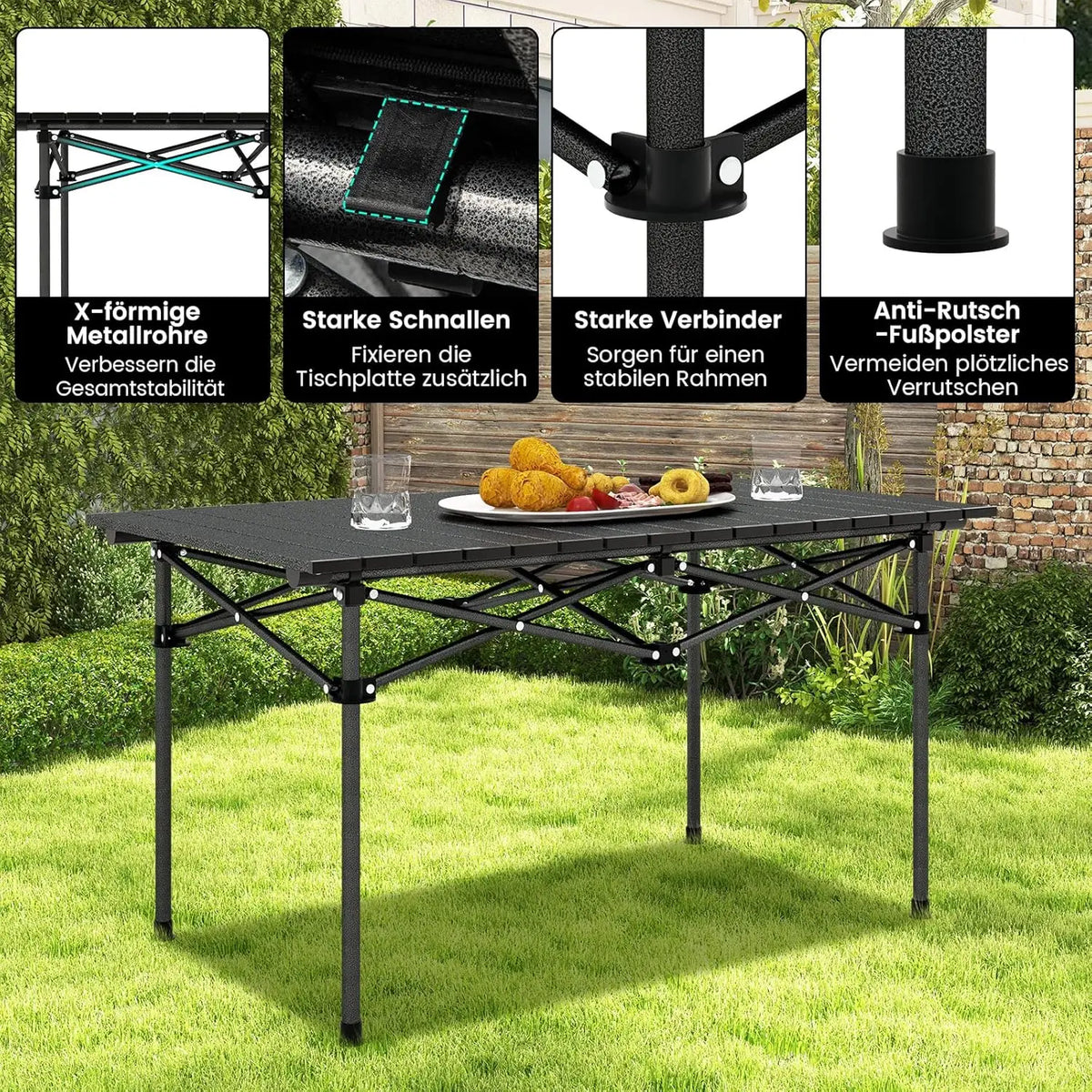 Schwarzer klappbarer Aluminium-Campingtisch im Garten mit Detailansichten zu Stabilität, Schnallen, Verbindern und Anti-Rutsch-Füßen.