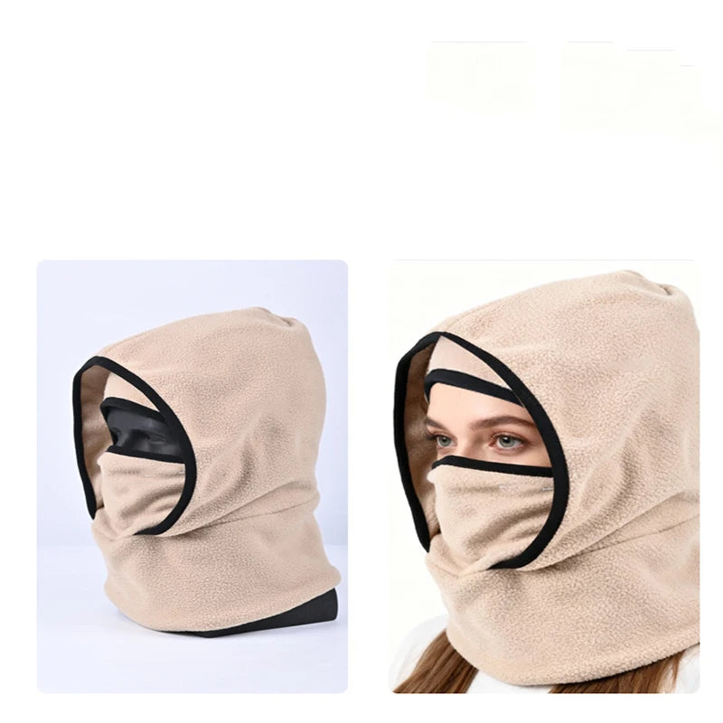 Beige Fleece-Sturmhaube mit integriertem Halswärmer für kalte Wintertage