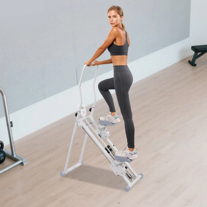 Frau trainiert auf einem weißen faltbaren Treppenstepper mit LCD-Display und Haltegriff im Home-Gym