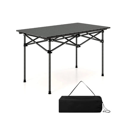 Klappbarer Campingtisch aus Aluminium mit schwarzer Rollplatte und passender Tragetasche