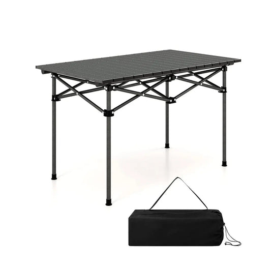 Klappbarer Campingtisch aus Aluminium mit schwarzer Rollplatte und passender Tragetasche