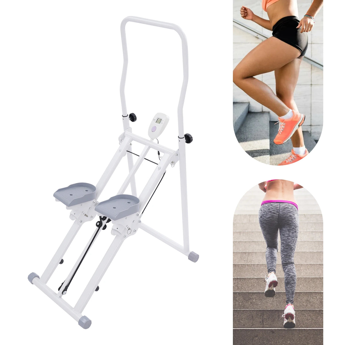Weißer faltbarer Treppenstepper mit LCD-Display und Haltegriff, dargestellt für Cardio- und Beintraining wie Treppensteigen