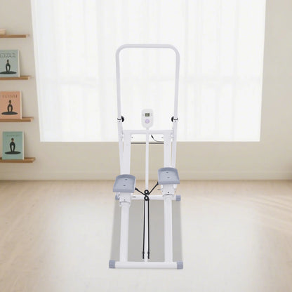 Weißer faltbarer Treppenstepper mit LCD-Display, Haltegriff und Anti-Rutsch-Pedalen in Frontansicht