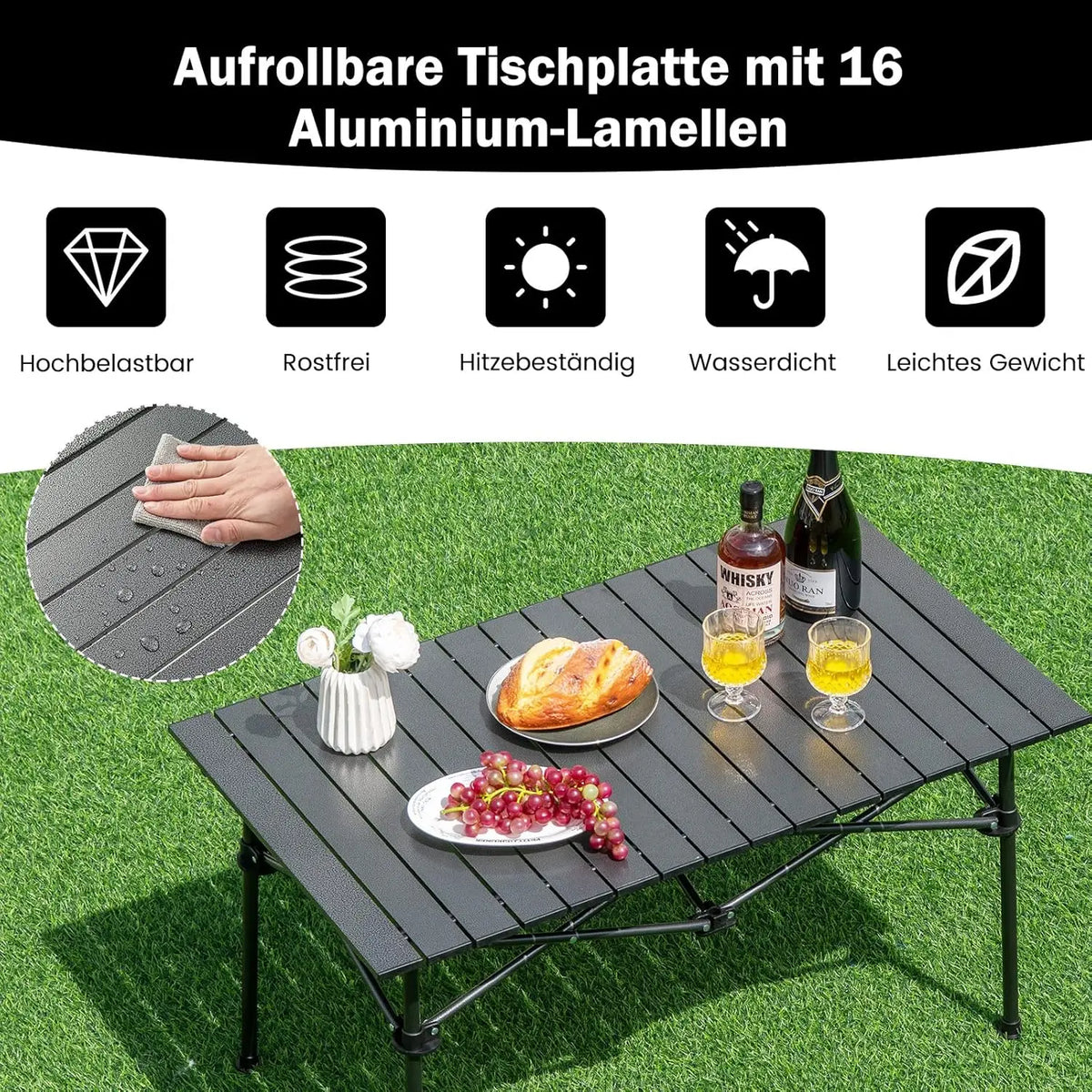 Klappbarer Campingtisch mit aufrollbarer Aluminium-Lamellenplatte, wasserfest, rostfrei und hitzebeständig