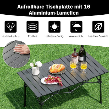 Klappbarer Campingtisch mit aufrollbarer Aluminium-Lamellenplatte, wasserfest, rostfrei und hitzebeständig