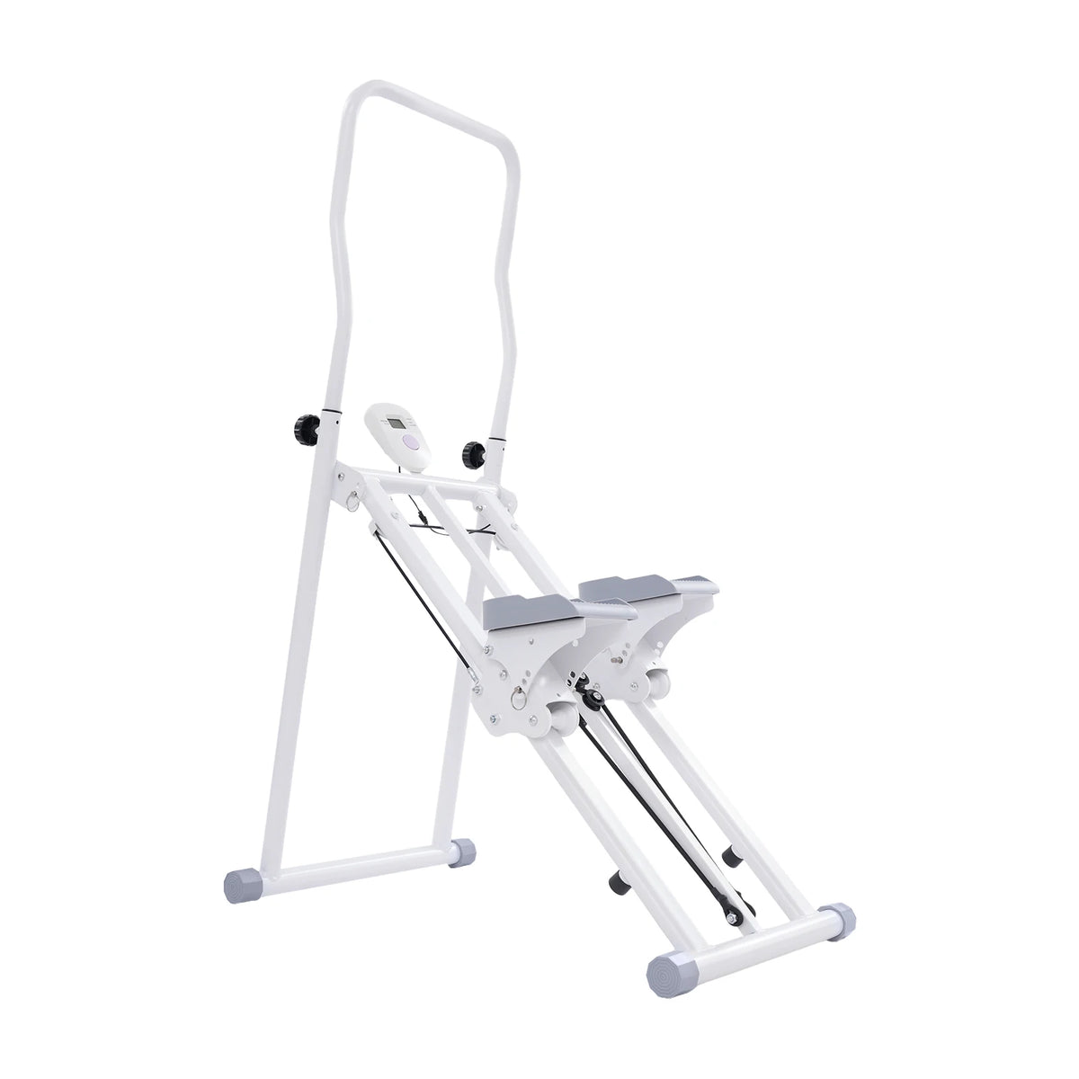 Weißer faltbarer Treppenstepper mit LCD-Display, Haltegriff und Pedalen in seitlicher Produktansicht