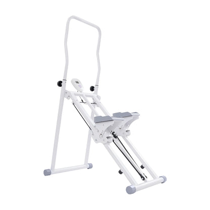 Weißer faltbarer Treppenstepper mit LCD-Display, Haltegriff und Pedalen in seitlicher Produktansicht