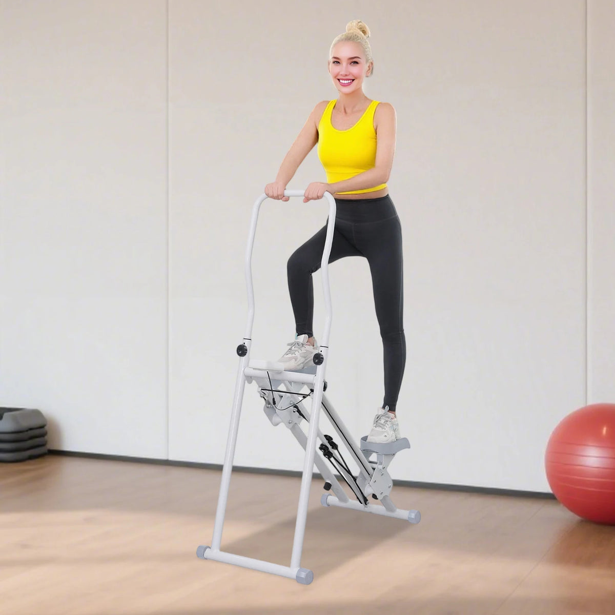 Frau trainiert auf einem weißen faltbaren Treppenstepper mit LCD-Display und Haltegriff im Home-Gym