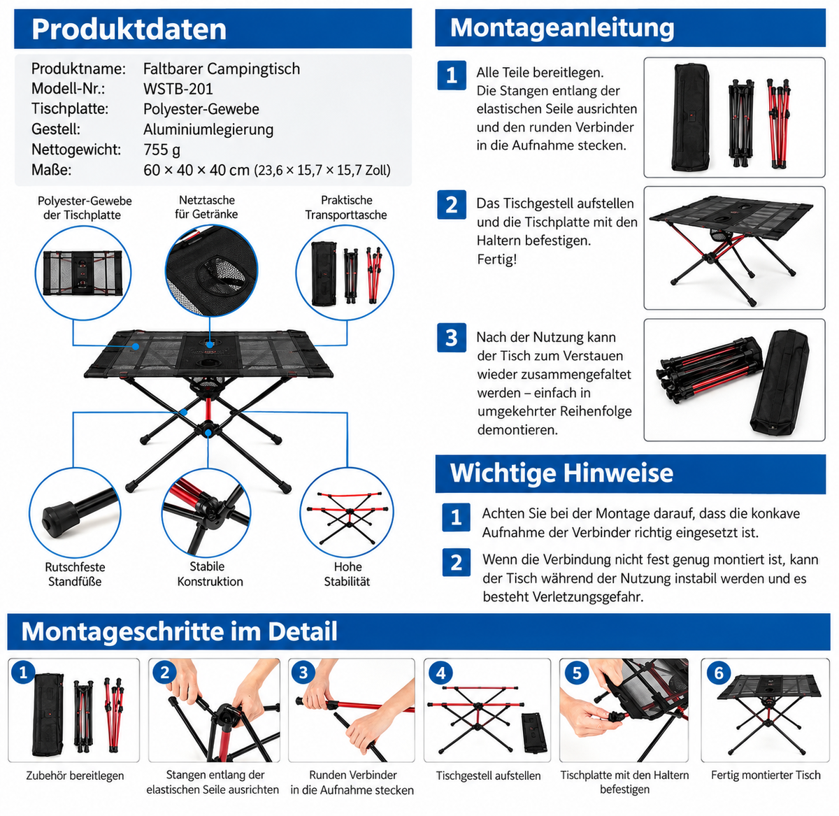 Produktdaten und Montageanleitung für den faltbaren WIDESEA Campingtisch WSTB-201 aus Aluminium mit Polyester-Tischplatte, 60 × 40 × 40 cm und 755 g Gewicht