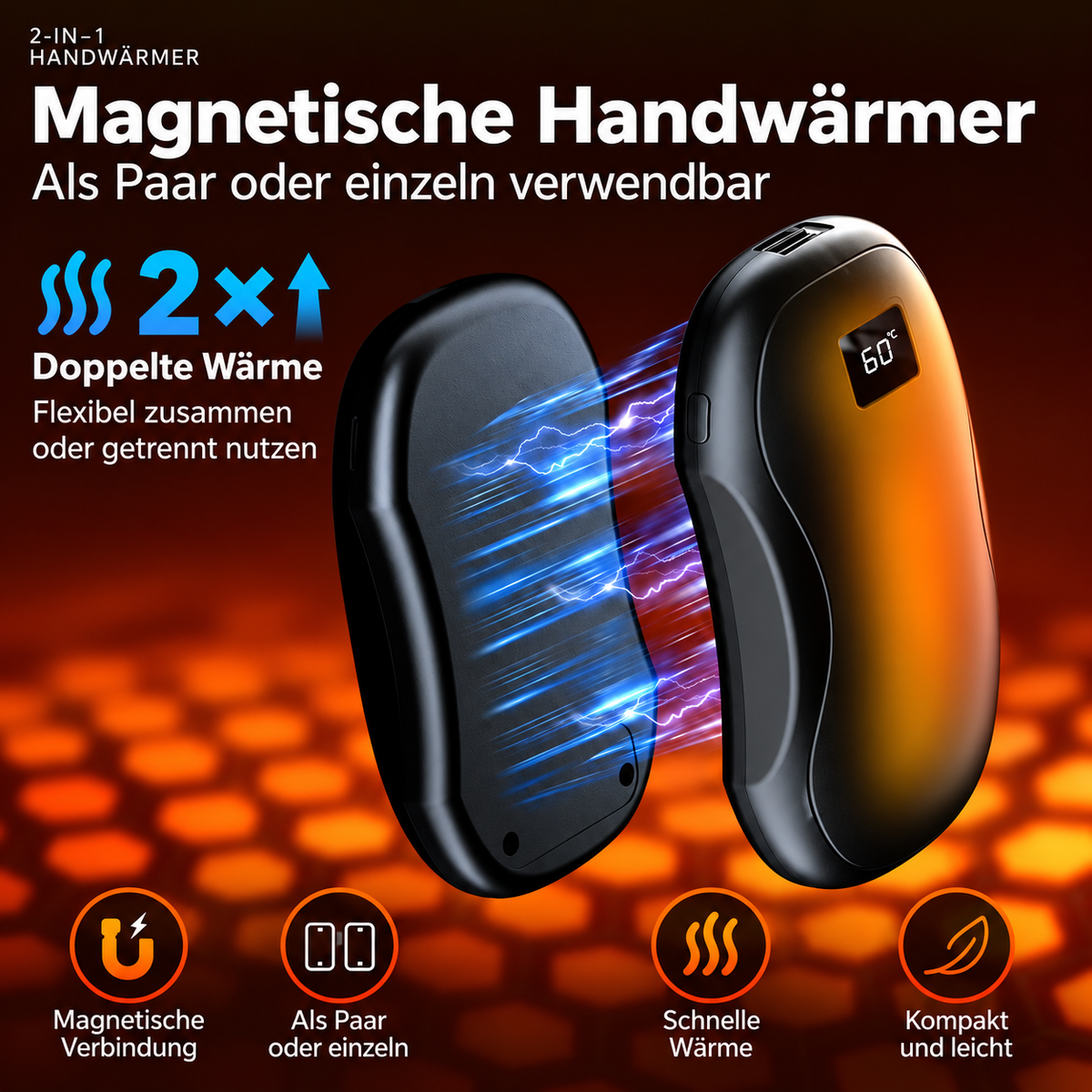 Magnetische 2-in-1 Handwärmer, als Paar oder einzeln nutzbar, mit digitaler Temperaturanzeige.