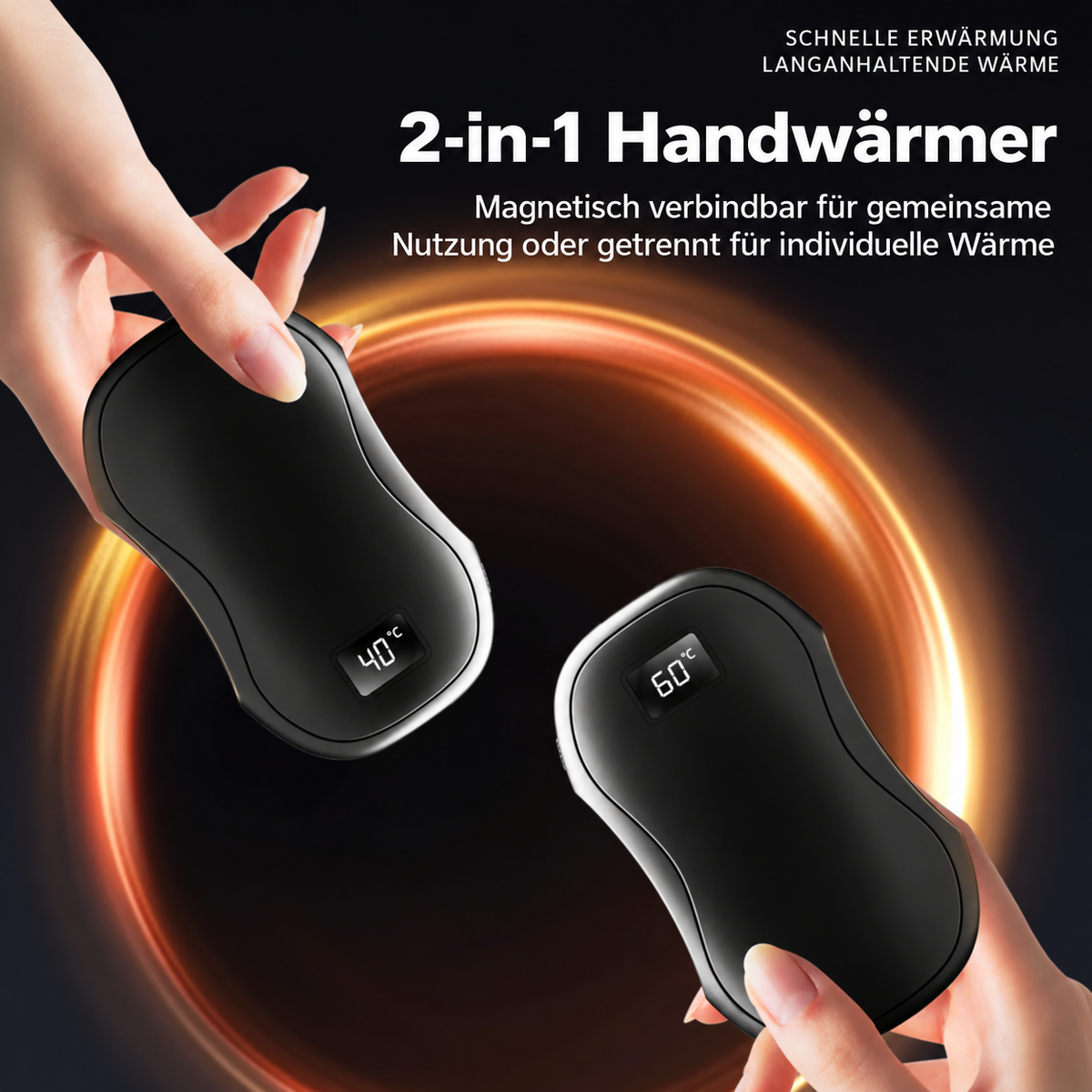 Magnetische 2-in-1 Handwärmer, als Paar oder einzeln nutzbar, mit digitaler Temperaturanzeige.