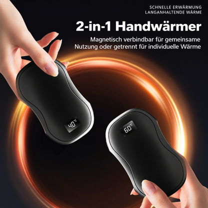 Magnetische 2-in-1 Handwärmer, als Paar oder einzeln nutzbar, mit digitaler Temperaturanzeige.