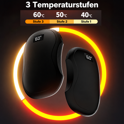Elektrische Handwärmer mit drei Temperaturstufen von 40, 50 und 60 Grad Celsius sowie digitalem Display.