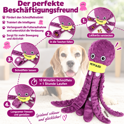 Infografik zum lila Schnüffel-Oktopus mit Vorteilen und Anwendung zum Verstecken von Leckerlis in den Tentakeln.